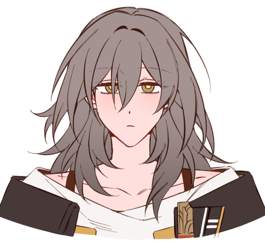 1girl black_jacket brown_eyes closed_mouth collarbone commentary empty_eyes english_commentary grey_hair hair_between_eyes half-closed_eyes highres honkai:_star_rail honkai_(series) jacket lapels long_hair looking_at_viewer majunjuu open_clothes open_jacket shirt sidelocks simple_background solo stelle_(honkai:_star_rail) t-shirt trailblazer_(honkai:_star_rail) upper_body white_background white_hair yellow_pupils