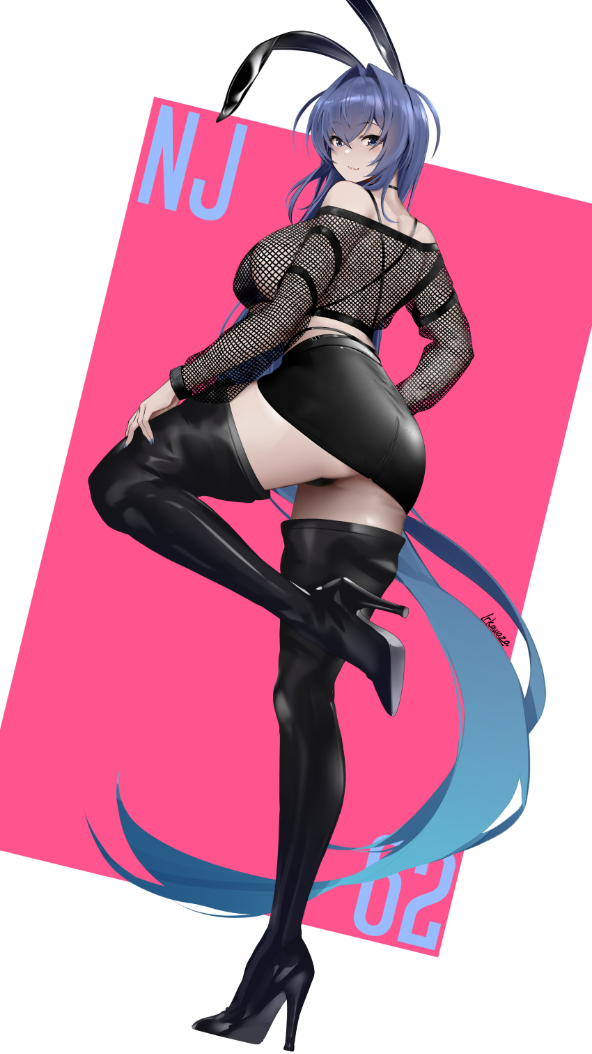 1girl absurdly_long_hair absurdres animal_ears ass azur_lane bare_shoulders black_boots black_shirt blue_eyes blue_hair boots breasts fake_animal_ears full_body hair_intakes harness high_heel_boots high_heels highres irkawaza large_breasts long_hair long_sleeves looking_at_viewer new_jersey_(azur_lane) pink_background shirt simple_background smile solo standing standing_on_one_leg thigh_boots thighs very_long_hair white_background