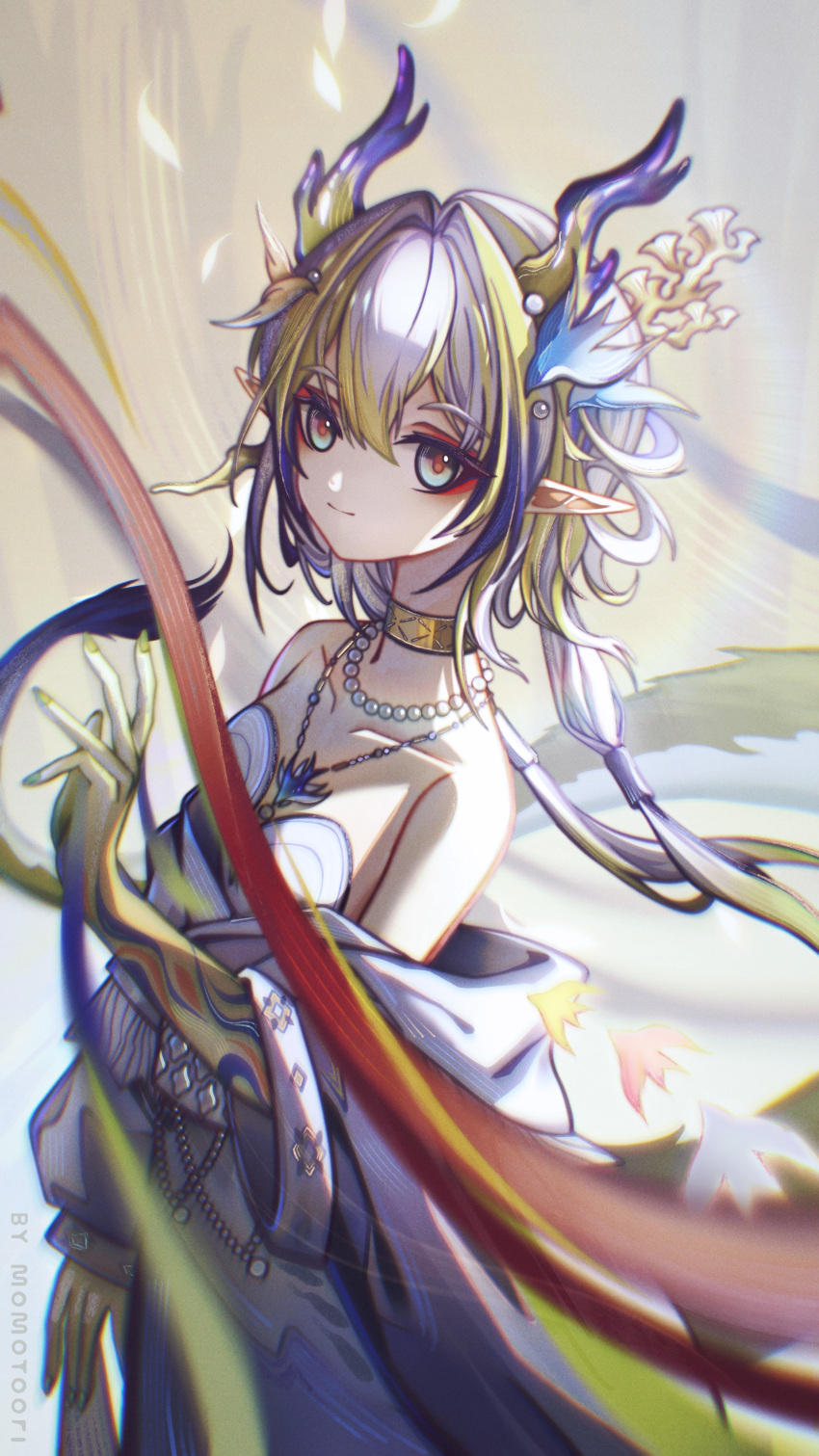 1girl absurdres arknights arm_tattoo bare_shoulders bird_hair_ornament blonde_hair breasts choker collarbone dragon_girl dragon_horns dragon_tail dress eastern_dragon_horns eastern_dragon_tail green_eyes hair_between_eyes hair_ornament highres horns jewelry long_hair long_sleeves looking_at_viewer momotoori necklace off-shoulder_dress off_shoulder pointy_ears shu_(arknights) shu_(bingwenyuyou)_(arknights) small_breasts smile solo tail tattoo white_dress wide_sleeves yellow_choker yellow_nails