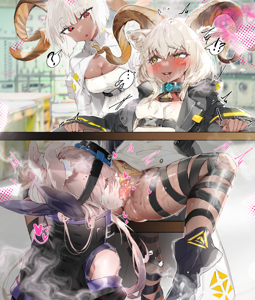 3girls absurdres animal_ear_fluff animal_ears arknights beeswax_(arknights) black_pantyhose cardigan_(arknights) carnelian_(arknights) censored clothing_aside cunnilingus dark-skinned_female dark_skin dog_ears dog_girl dog_tail genderswap genderswap_(ftm) goat_ears goat_girl goat_horns goggles goggles_on_head gold_horns highres horns leg_ribbon multicolored_hair multiple_girls no_panties oral panties panties_aside pantyhose ribbon stealth_sex streaked_hair tail tekona0 under_table underwear white_hair yuri