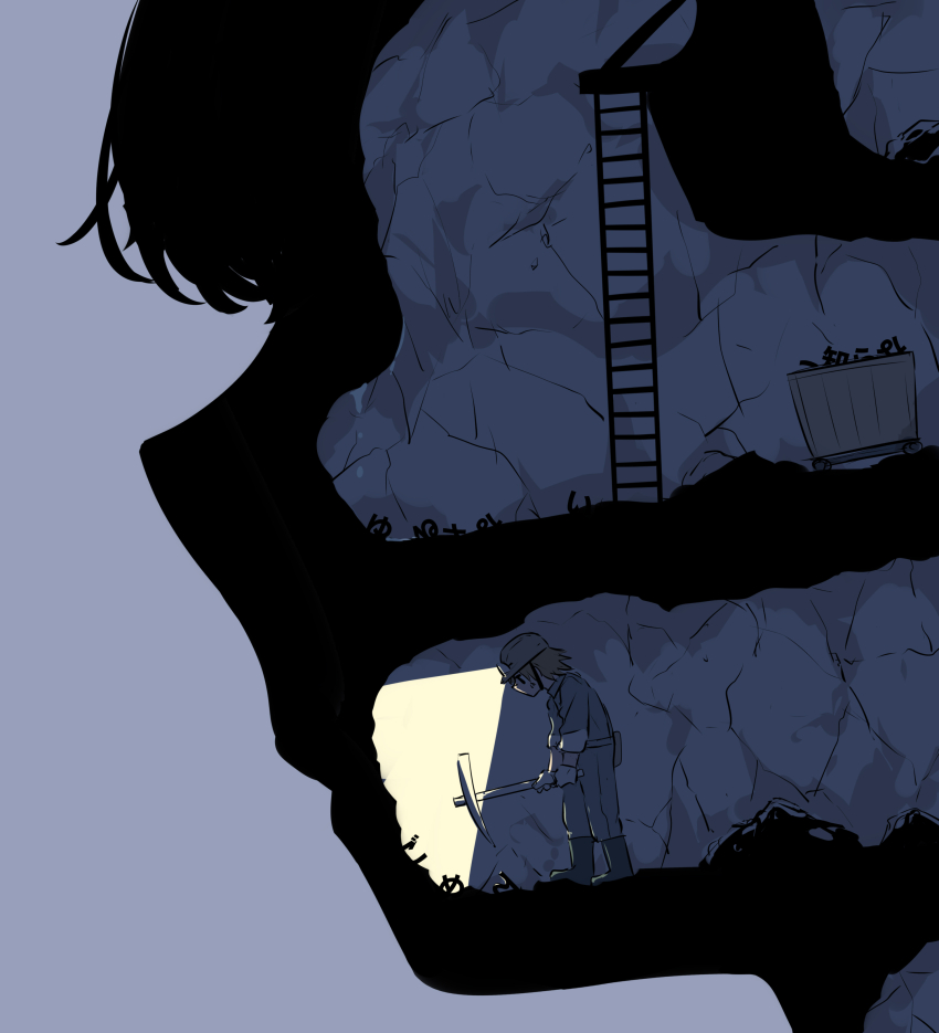 1boy absurdres avogado6 black_boots boots from_side grey_background headlamp helmet highres holding holding_pickaxe jumpsuit ladder minecart mining original pickaxe profile solo standing symbolism