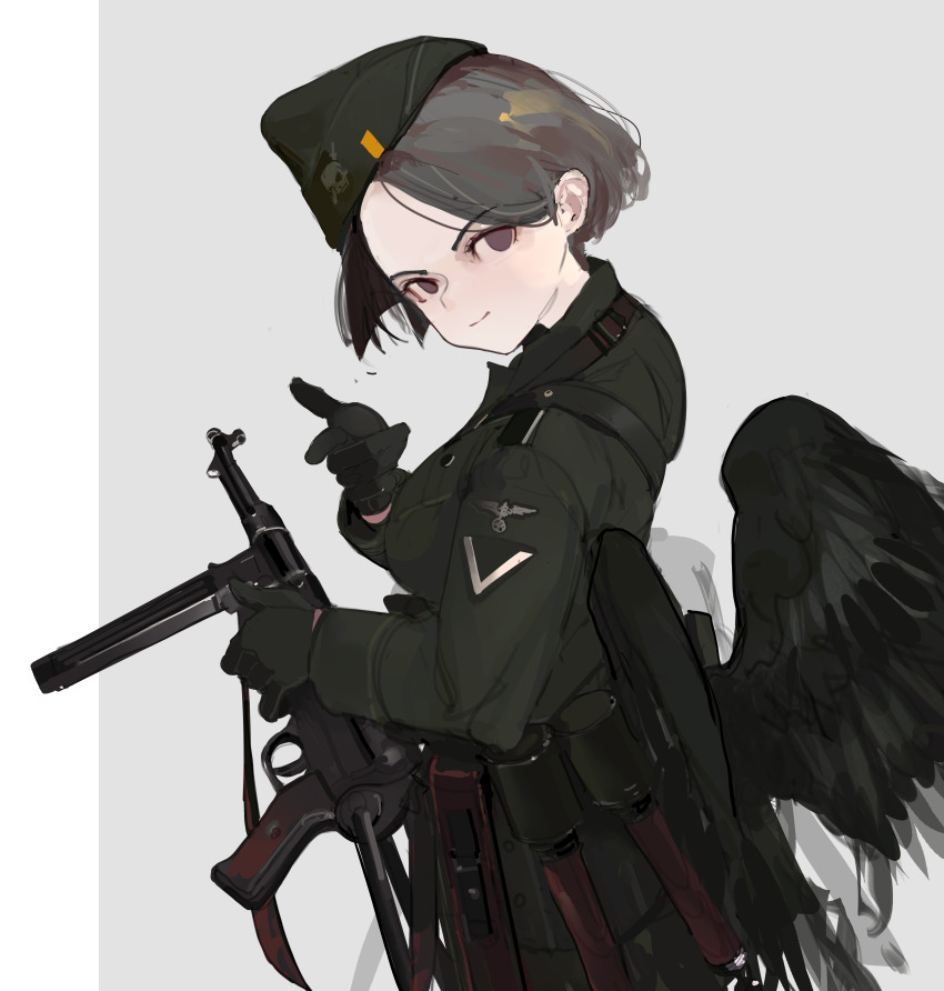 1girl absurdres bird_girl bird_wings brown_eyes explosive green_jacket green_pants grenade grey_hair gun highres jacket looking_at_viewer looking_to_the_side military military_uniform mp40 nazi original pants polilla reichsadler short_hair sketch smile solo stielhandgranate submachine_gun totenkopf waffen-ss weapon white_background wings world_war_ii
