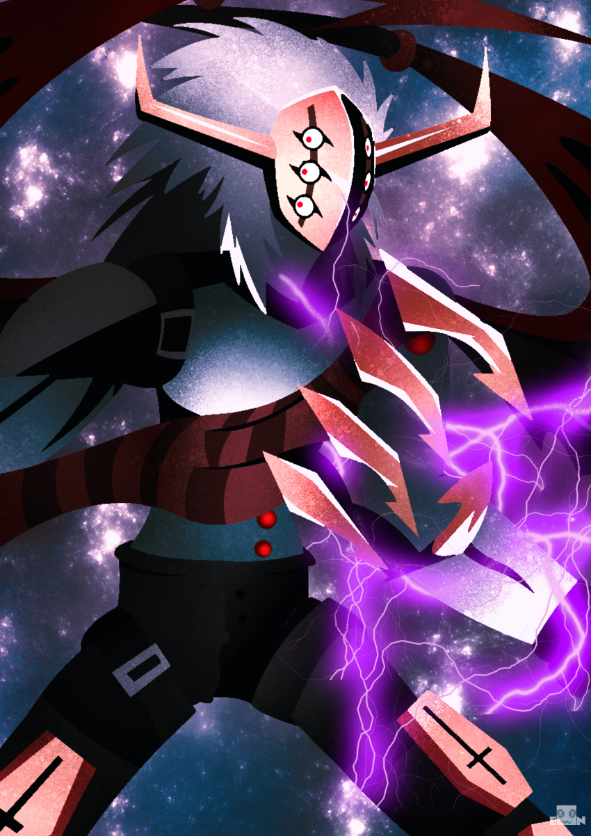 1boy absurdres artist_request claws demon_wings digimon digimon_(creature) electricity highres horned_mask horns long_hair mask muscular neodevimon night night_sky pectorals red_wings sky white_hair wings