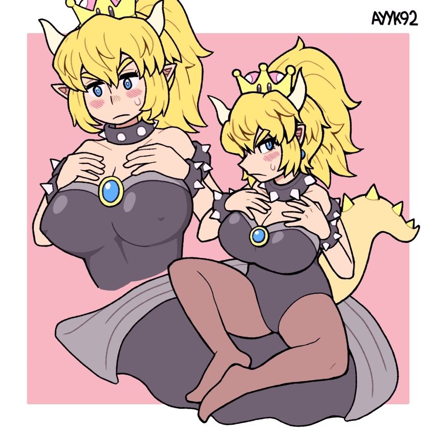 1girl anniversary armlet ayyk92 blonde_hair blue_gemstone blush bowsette bracelet breasts chest_jewel choker collar commentary dress earrings english_commentary gem highres horns jewelry large_breasts long_hair looking_to_the_side mario mario_(series) new_super_mario_bros._u_deluxe nintendo pantyhose pointy_ears ponytail slit_pupils solo spiked_armlet spiked_bracelet spiked_collar spikes super_crown sweat sweatdrop tail