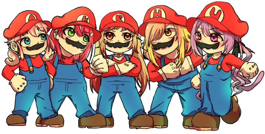 5girls akane_canna amaotome blonde_hair blue_eyes blue_overalls blush brown_footwear clenched_hand commentary_request cosplay crossed_arms fake_facial_hair fake_mustache full_body gloves hair_between_eyes hair_over_one_eye hat hira_hikari ina_uruu kisaki_anko long_bangs long_hair looking_at_another mario mario_(cosplay) mario_(series) multicolored_hair multiple_girls nanashi_inc. nintendo overalls pink_hair purple_hair red_hair red_headwear red_shirt seshima_rui shirt shoes short_hair simple_background standing streaked_hair twintails virtual_youtuber white_background white_gloves