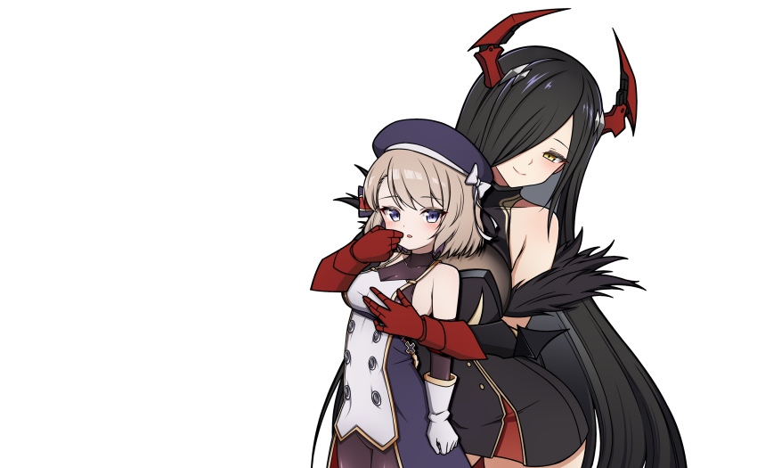 2girls :o azur_lane bare_shoulders beret bike_shorts black_dress black_hair blonde_hair blue_dress blue_eyes blue_hat blush bodysuit bodysuit_under_clothes bow breasts brown_bodysuit brown_hair brown_sleeves buttons chinese_commentary closed_mouth collarbone commentary_request covered_collarbone cowboy_shot cross detached_sleeves double-breasted dress elbow_gloves friedrich_der_grosse_(azur_lane) fur-trimmed_sleeves fur_trim gloves grey_gloves hair_bow hair_ornament hair_over_one_eye hand_on_another&#039;s_chest hat hat_bow height_difference highres horns hug hug_from_behind iron_cross large_breasts long_hair long_sleeves mature_female mechanical_horns medium_breasts multiple_girls no_bra open_mouth parted_lips purple_eyes red_gloves red_horns rock_zinc short_hair sideboob simple_background sleeveless sleeveless_dress smile standing striped_bow thighs turtleneck very_long_hair white_background white_bow white_gloves yellow_eyes yuri z23_(azur_lane)