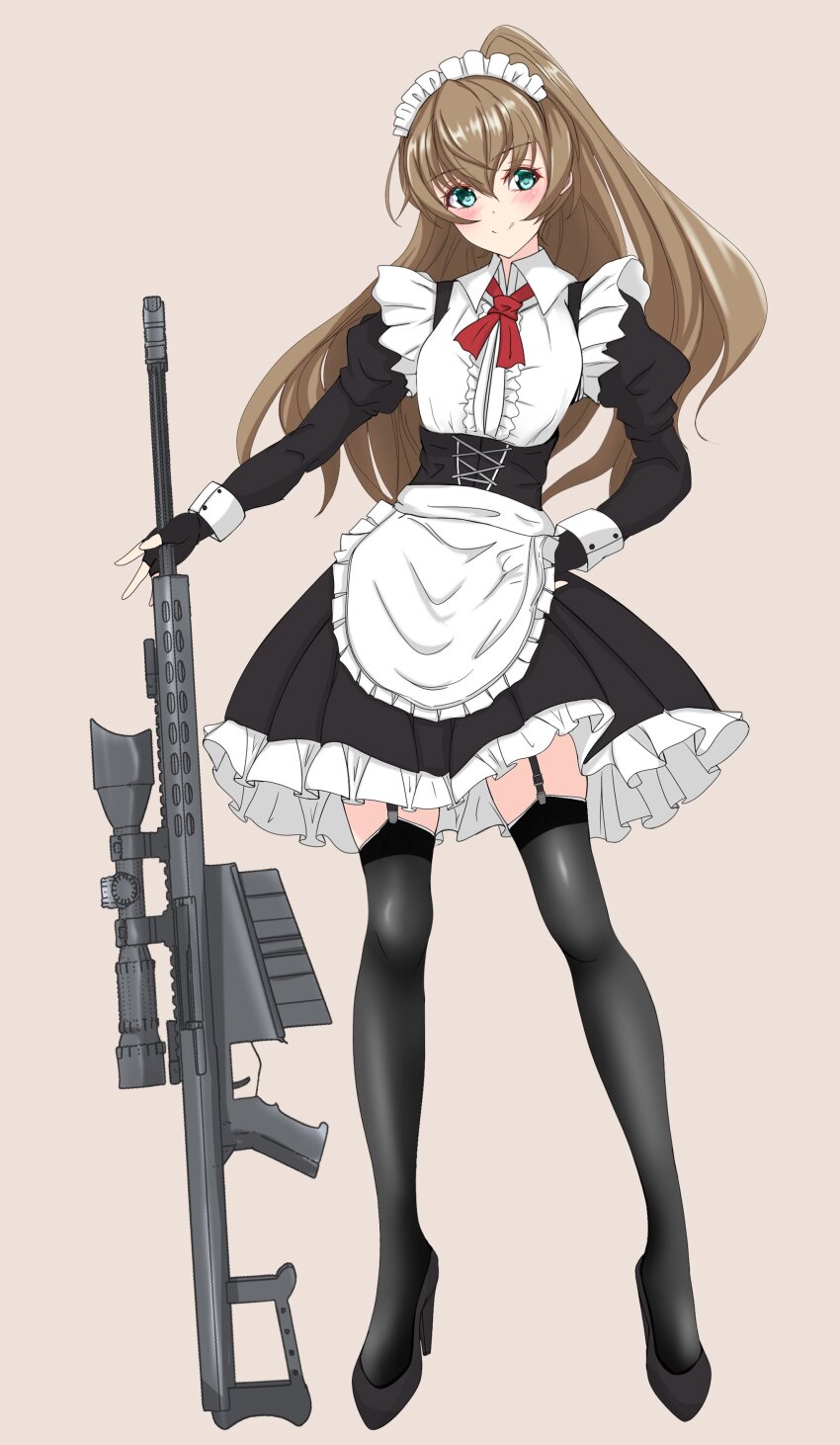 1girl absurdres alternate_costume anti-materiel_rifle apron barrett_m82 bipod black_dress black_footwear black_thighhighs blue_eyes brown_background brown_hair dress enmaided fingerless_gloves framed_breasts full_body garter_straps gloves gun highres holding holding_gun holding_weapon kantai_collection kumano_(kancolle) long_hair long_sleeves looking_at_viewer maid maid_headdress muzzle_device nitamako_(sakamalh) ponytail rifle scope smile sniper_rifle solo thighhighs weapon white_apron