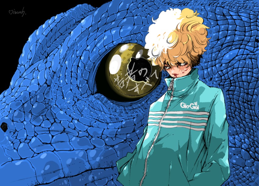 1boy animal blonde_hair blood nosebleed curly_hair freckles graphite_(medium) hands_in_pockets jacket lizard makkamu mechanical_pencil original oversized_animal pencil short_hair signature track_jacket track_suit traditional_media yellow_eyes