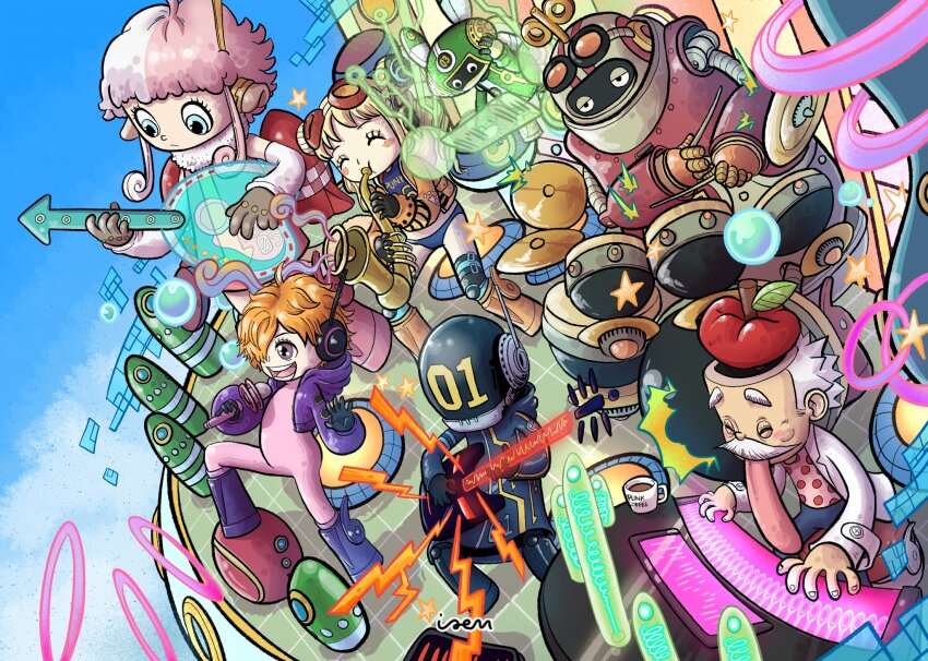 3girls 4boys artist_name audipriatna bikini bikini_bottom_only blonde_hair blue_eyes bodysuit brown_gloves closed_eyes coffee_mug cup dr._vegapunk drum drum_set drumsticks facial_hair gloves goggles goggles_on_head guitar headphones helmet highres holding holding_drumsticks holding_guitar holding_instrument holding_microphone holding_saxophone instrument jacket keyboard_(instrument) lab_coat lightning long_hair microphone mug multicolored_hair multiple_boys multiple_girls music mustache numbered one_eye_covered one_piece open_mouth orange_jacket pink_hair playing_instrument polka_dot polka_dot_shirt purple_bodysuit purple_eyes purple_jacket robot saxophone shirt short_hair singing smile star_(symbol) swimsuit teeth tongue tongue_out two-tone_hair vegapunk_atlas vegapunk_edison vegapunk_lilith vegapunk_pythagoras vegapunk_shaka vegapunk_york white_hair winding_key