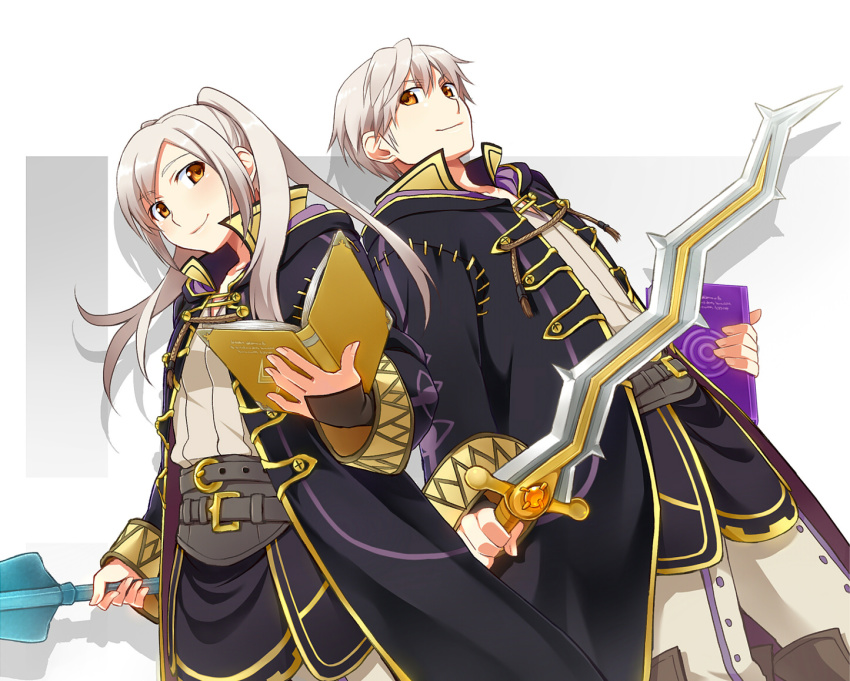 1boy 1girl belt book dual_persona female_robin_(fire_emblem) fire_emblem fire_emblem_awakening long_coat long_hair looking_at_viewer male_robin_(fire_emblem) nintendo robe short_hair smile super_smash_bros. sword twintails weapon white_hair wizard yellow_eyes yuki_(sumaburalove)