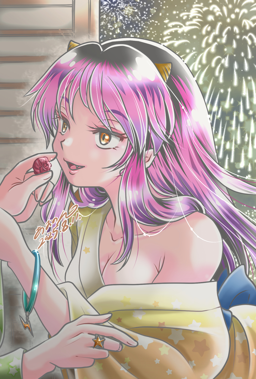 1girl :d aononmi bracelet breasts cleavage collarbone fang fireworks hair_over_shoulder highres holding horns japanese_clothes jewelry kimono long_hair long_sleeves lum medium_breasts multicolored_hair open_mouth orange_eyes orange_kimono pink_hair print_kimono smile solo_focus straight_hair urusei_yatsura