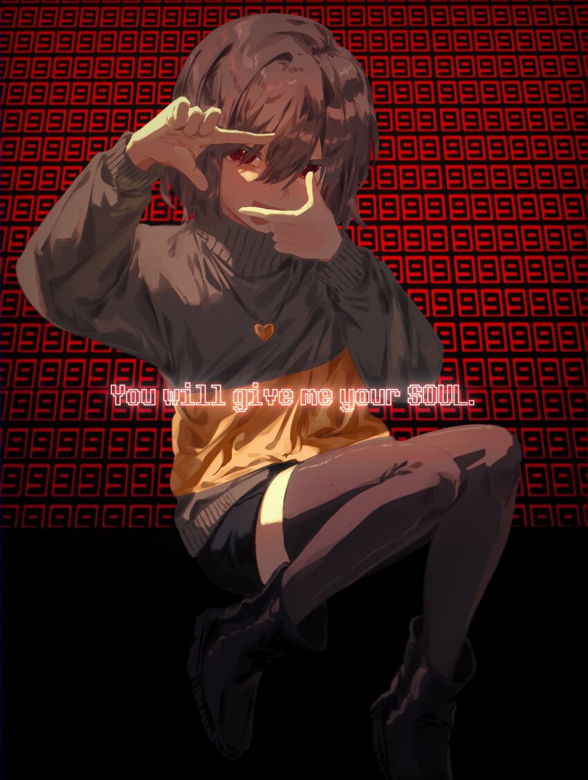 1other :d ankle_boots black_background black_boots black_shorts black_thighhighs bob_cut boots bright_pupils brown_hair chara_(undertale) choco_rabbitt double-parted_bangs english_text full_body hair_between_eyes hands_up hashtag-only_commentary heart heart_necklace highres invisible_chair jewelry knees_together_feet_apart long_sleeves looking_at_viewer necklace open_mouth other_focus pose_request puffy_long_sleeves puffy_sleeves red_eyes short_hair short_shorts shorts sitting skirt slit_pupils smile solo striped_clothes striped_sweater sweater thighhighs turtleneck turtleneck_sweater two-tone_sweater undertale white_pupils yellow_sweater