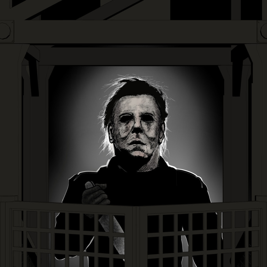 1boy bad_id bad_pixiv_id black_theme ctn_sasuke dark gate halloween_(movie) highres holding holding_knife hollow_eyes knife long_sleeves michael_myers pun short_hair solo umamusume