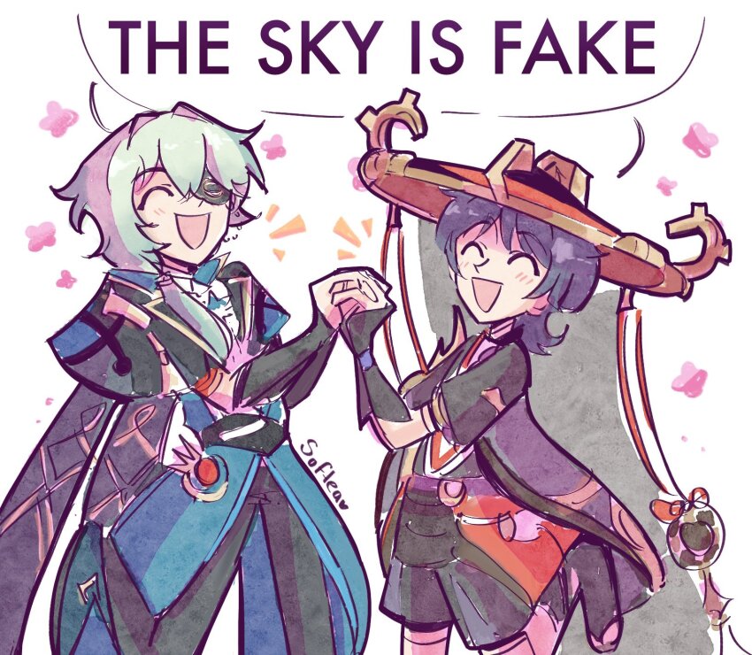 2boys ahoge anaxa_(honkai:_star_rail) aqua_capelet aqua_coat aqua_hair armor artist_name black_cape black_hair black_hat black_kimono black_leggings black_pants black_shorts black_sleeves cape closed_eyes coat english_text eyepatch facing_another foot_up gem genshin_impact gold gold_trim green_coat grey_veil hair_intakes han&#039;eri hat highres holding_hands honkai:_star_rail honkai_(series) in-franchise_crossover interlocked_fingers japanese_armor japanese_clothes jingasa kimono kote kurokote lapels layered_kimono leggings light_blush multiple_boys notice_lines o-ring open_clothes open_kimono open_mouth pants red_gemstone red_hat red_kimono scaramouche_(genshin_impact) short_sleeves shorts single_sode softea spoilers two-tone_hat veil white_background white_kimono