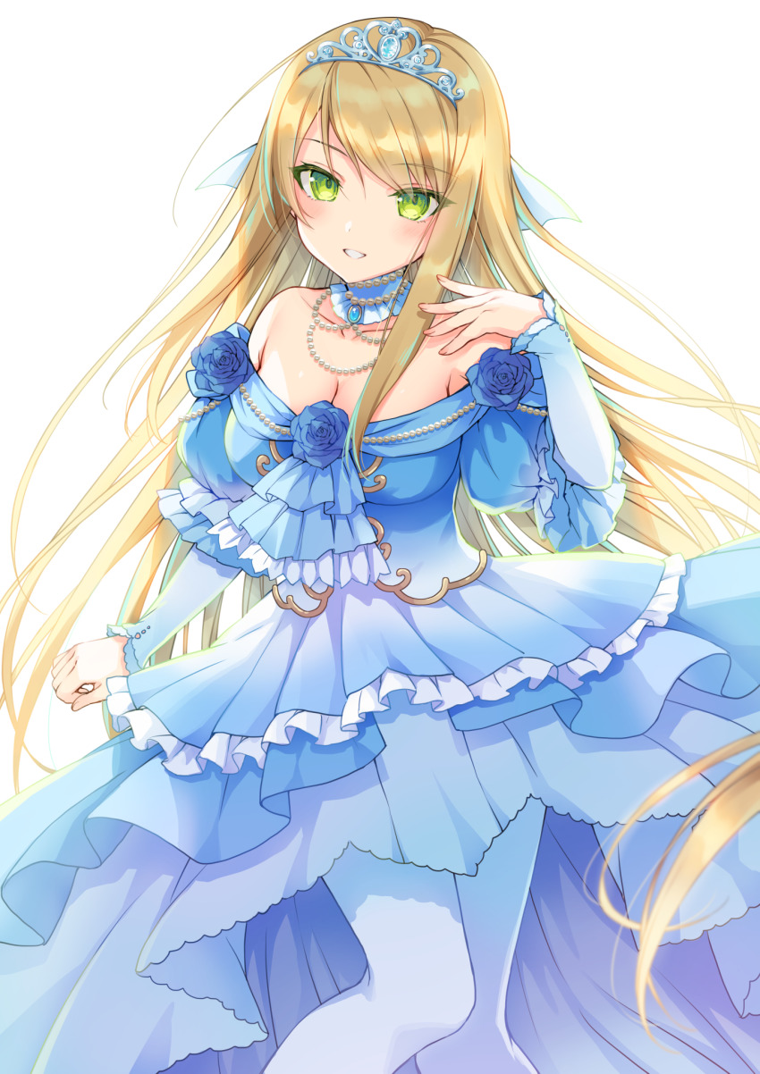 1girl :d bare_shoulders blonde_hair blue_dress blue_flower blue_rose blush breasts cleavage commentary_request commission detached_collar dress feet_out_of_frame flower frilled_dress frills green_eyes hand_up highres jewelry layered_dress long_hair long_sleeves medium_breasts necklace nikyuppa off-shoulder_dress off_shoulder open_mouth original pantyhose rose sidelocks simple_background skeb_commission smile solo standing swept_bangs tiara very_long_hair white_background white_pantyhose