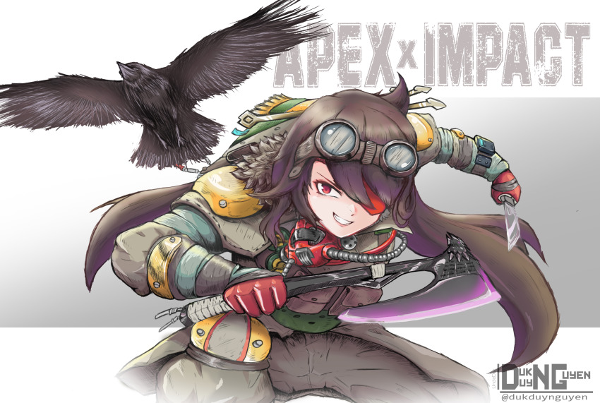 1girl allegra_clark apex_legends armor axe beidou_(genshin_impact) bloodhound_(apex_legends) bloodhound_(apex_legends)_(cosplay) brown_hair brown_jacket brown_pants cosplay crown floating_hair genshin_impact gloves goggles goggles_on_head highres holding holding_axe holding_knife jacket knee_pads knife leaning_forward long_hair pants parted_lips raven&#039;s_bite red_gloves shoulder_armor smile solo twitter_username uncleduk voice_actor_connection