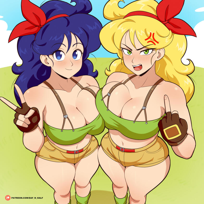 2girls absurdres anger_vein blonde_hair blue_eyes blue_hair breast_press breasts crop_top curly_hair daf_n_half dragon_ball dragon_ball_(classic) green_eyes green_tank_top hairband highres large_breasts long_hair looking_at_viewer lunch_(bad)_(dragon_ball) lunch_(dragon_ball) lunch_(good)_(dragon_ball) middle_finger multiple_girls open_mouth red_hairband shorts smile standing symmetrical_docking tank_top v wide_hips yellow_shorts