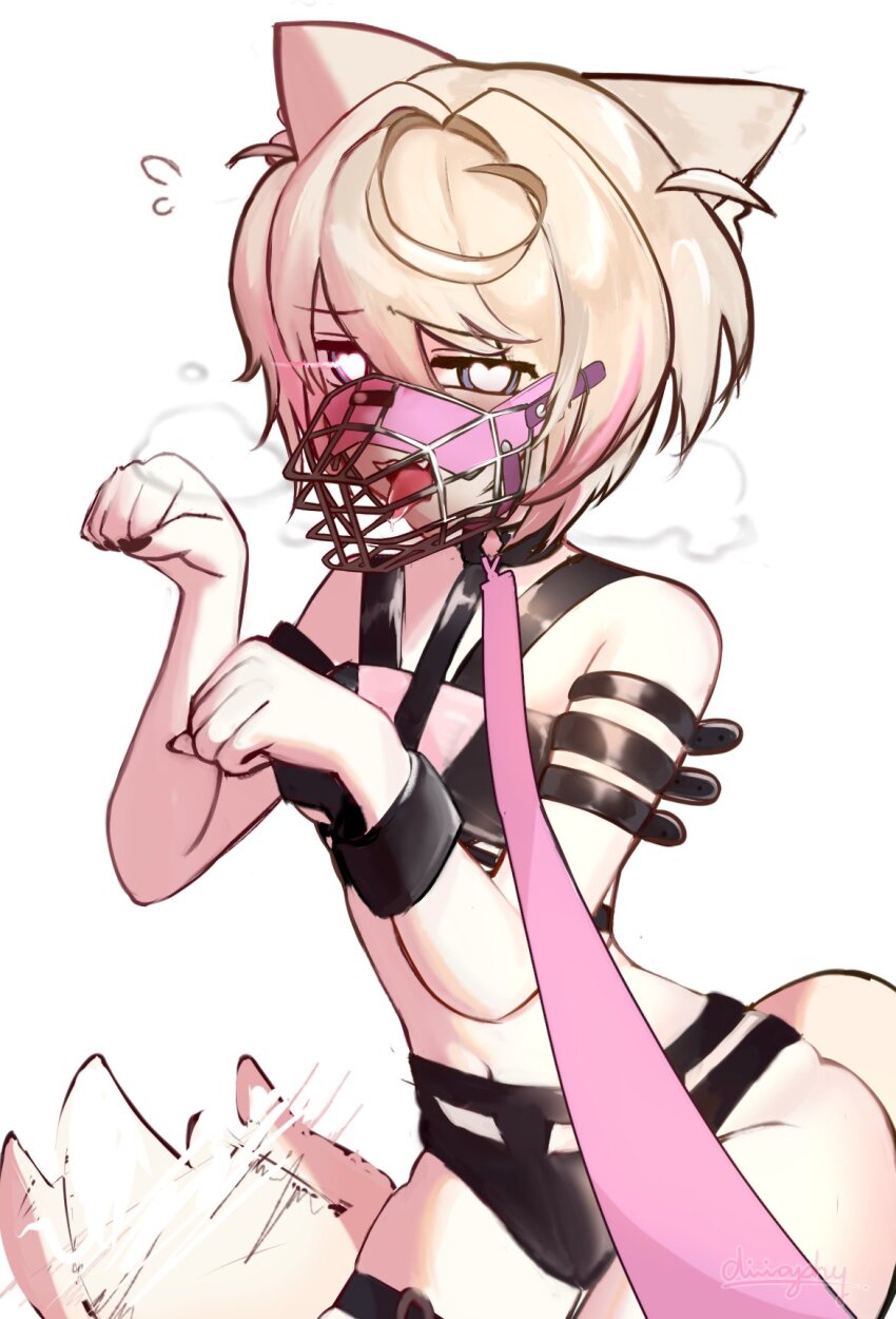 1girl animal_ears bikini black_bikini black_nails blonde_hair breasts commentary diiaphy_alt dog_ears dog_girl dog_tail english_commentary flying_sweatdrops heart heart-shaped_pupils highres hololive hololive_english holonatsu_paradise leash looking_at_viewer mask mococo_abyssgard mococo_abyssgard_(holonatsu_paradise) mouth_mask navel paw_pose pink_streaks small_breasts solo swimsuit symbol-shaped_pupils tail tail_wagging viewer_holding_leash virtual_youtuber