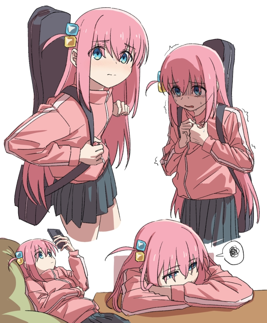 1girl bean_bag_chair bocchi_the_rock! cellphone gotoh_hitori grey_skirt guitar_case hair_bobbles hair_ornament head_on_table highres holding holding_phone hongchamashu instrument_case instrument_case_on_back jacket long_hair long_sleeves multiple_views nervous one_side_up phone pink_hair pink_jacket pleated_skirt simple_background skirt smartphone sweat white_background