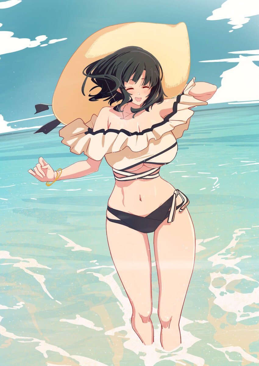 1girl arm_up bikini black_bikini black_hair blush bracelet breasts cleavage closed_eyes cloud commentary day hat highres jewelry kamotsu kantai_collection large_breasts mismatched_bikini navel ocean open_mouth outdoors sky solo standing stomach sun_hat swimsuit symbol-only_commentary takao_(kancolle) wading water white_bikini