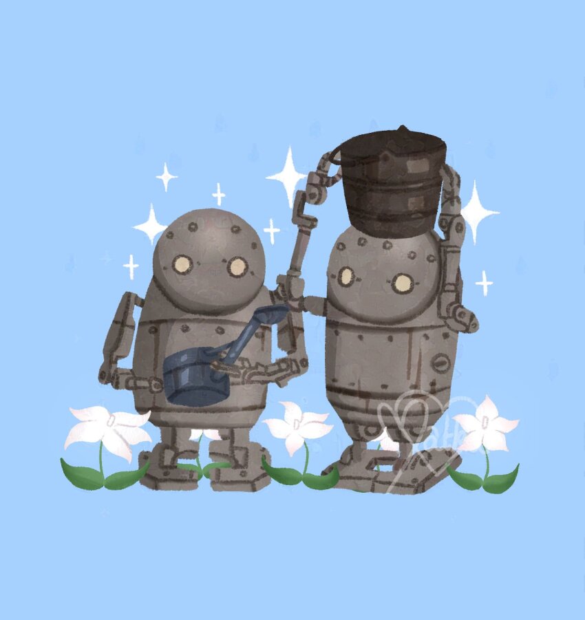 blue_background bucket commentary flower highres holding holding_bucket machine_(nier) matka_art nier:automata nier_(series) non-humanoid_robot robot simple_background sparkle standing white_flower