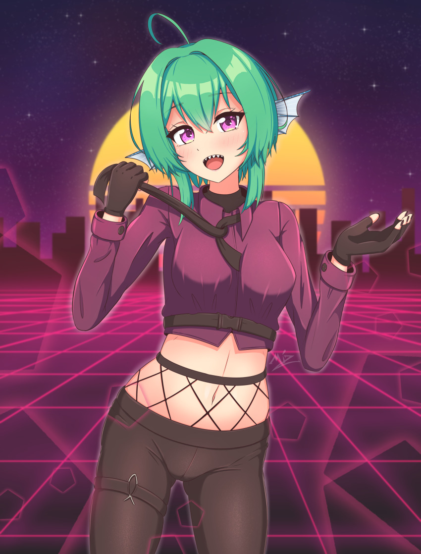 1girl absurdres ahoge belt black_gloves black_nails breasts dress_shirt finana_ryugu finana_ryugu_(3rd_costume) fishnets gloves green_hair highres leggings long_sleeves looking_at_viewer medium_breasts mischiefmiz navel nijisanji nijisanji_en pants pink_eyes sharp_teeth shirt short_hair simple_background smile solo standing synthwave teeth thighs tight_clothes tight_pants vaporwave virtual_youtuber wireframe