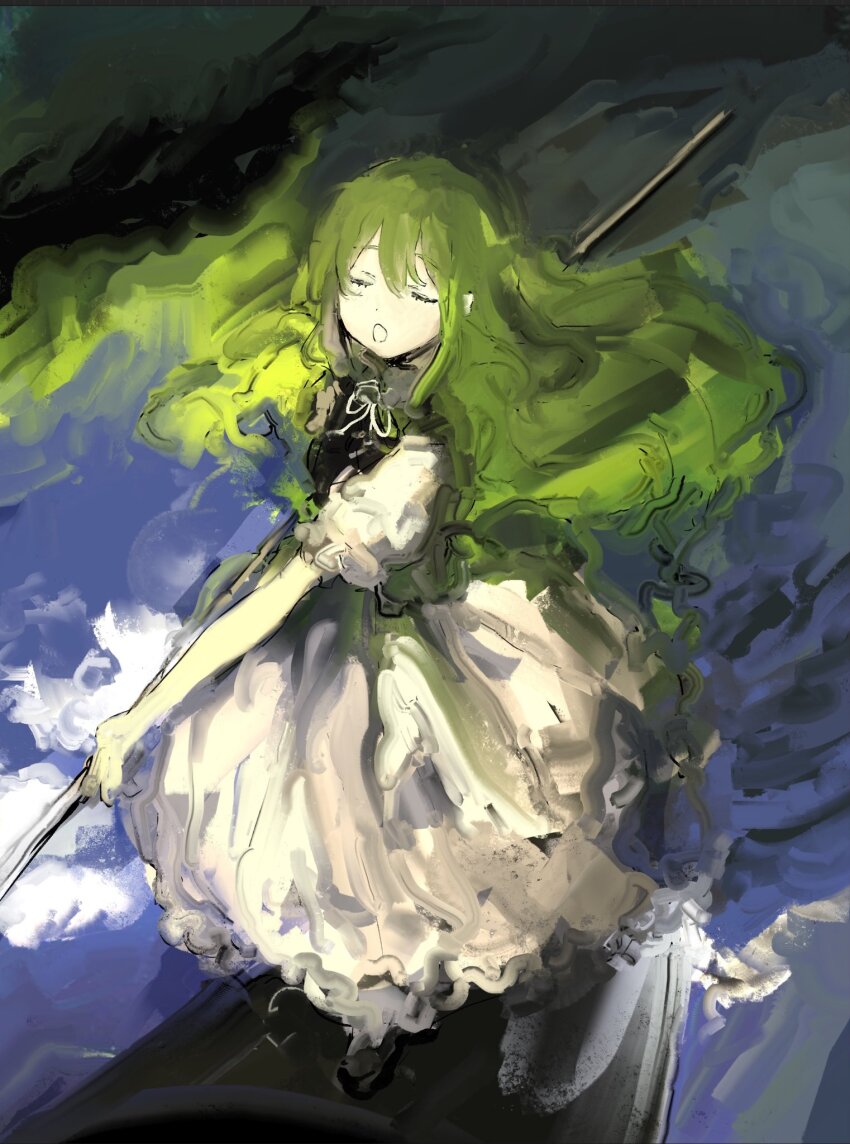 1girl bad_id bad_twitter_id boat closed_eyes cloud dress green_hair highres holding holding_oar inactive_account long_hair oar on_boat original puffy_sleeves reflection reflective_water rowboat rowing solo standing suiso_(owp) water watercraft white_dress