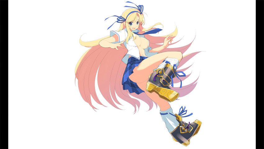 1girl absurdres armored_boots ass blonde_hair blue_hairband blue_necktie blue_skirt boots breasts green_eyes hairband highres katsuragi_(senran_kagura) large_breasts leg_up light_blush long_hair looking_at_viewer necktie non-web_source official_art open_clothes open_mouth open_shirt pillarboxed senran_kagura senran_kagura_burst shirt skirt smile socks solo thighs white_background white_shirt white_socks yaegashi_nan