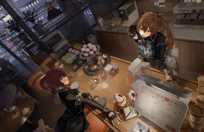 2girls arm_support bar_stool brown_hair cafe chair cityscape coffee_maker counter cup cupcake drinking_glass fingerless_gloves food from_above girls&#039;_frontline girls&#039;_frontline_2:_exilium glass gloves green_eyes highres holding holding_cup kuwotsun lamp macaron makiatto_(girls&#039;_frontline_2) maneki-neko multiple_girls plant potted_plant purple_hair red_eyes sink springfield_(girls&#039;_frontline) stool table touchscreen wa2000_(girls&#039;_frontline) winter