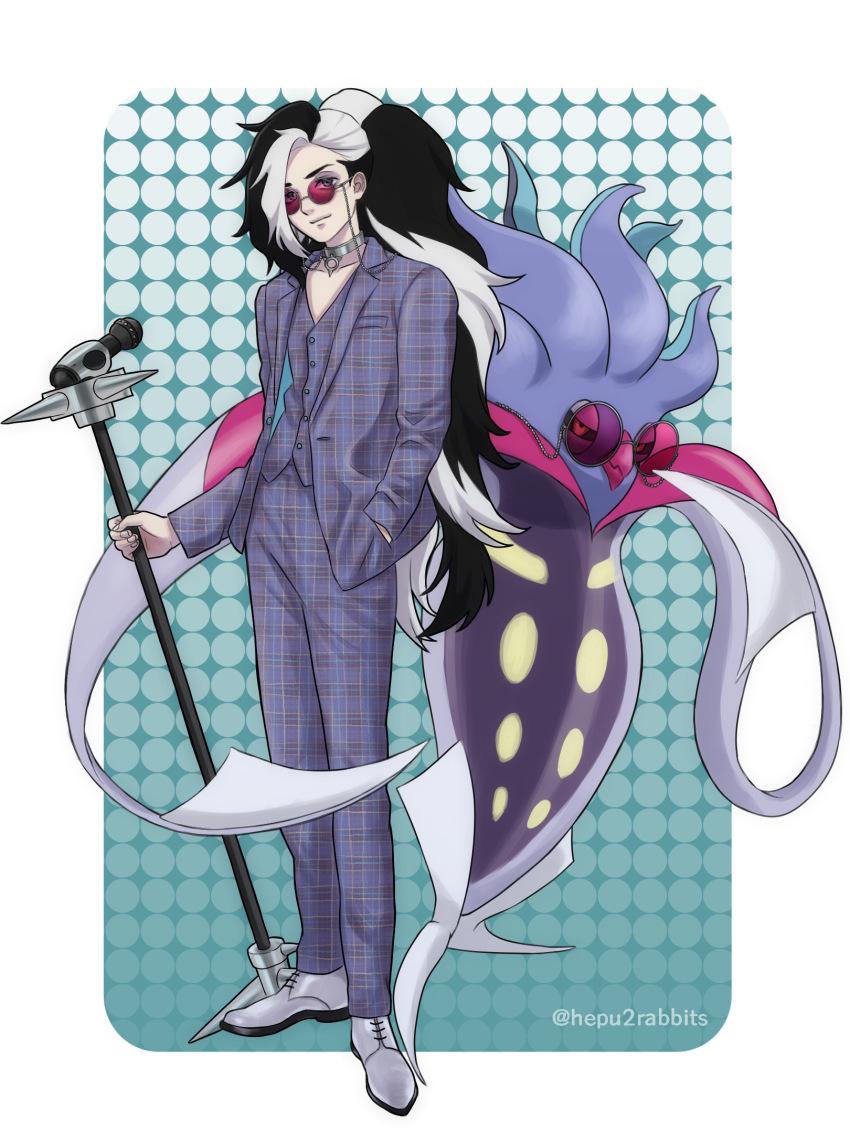 1boy alternate_costume black_hair closed_mouth commentary_request eyeshadow eyewear_strap gen_6_pokemon grey_eyeshadow hand_in_pocket hepu2rabbits_(epuusa) highres holding holding_microphone_stand jacket looking_at_viewer makeup malamar male_focus microphone_stand multicolored_hair nintendo open_clothes open_jacket pants piers_(pokemon) pokemon pokemon_(creature) pokemon_swsh shoes standing sunglasses two-tone_hair vest white_hair