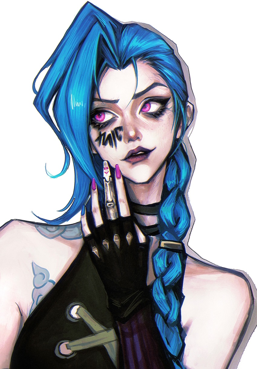 1girl absurdres arcane:_league_of_legends arcane_jinx bare_shoulders black_eyeliner black_gloves black_shirt blue_hair braid character_name chinese_commentary cloud_tattoo collarbone commentary eyeliner fingerless_gloves forehead freckles gloves hair_over_shoulder highres jinx_(league_of_legends) league_of_legends lips long_hair looking_to_the_side makeup nail_polish parted_lips portrait prosthetic_fingers purple_eyes purple_lips purple_nails shirt shoulder_tattoo simple_background sleeveless sleeveless_shirt smiley_face solo studded_gloves swept_bangs tattoo white_background yu_zhezhe