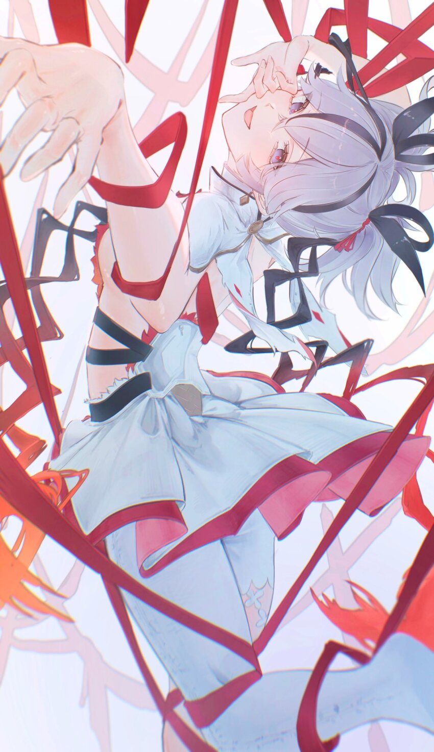 1girl asymmetrical_clothes back black_eyes camellya_(wuthering_waves) collar commentary_request dress from_behind hand_on_own_face highres looking_at_viewer nagu_amane open_mouth pants red_pupils revision short_hair sideless_dress single_pantsleg smile solo white_collar white_dress white_hair white_pants wuthering_waves
