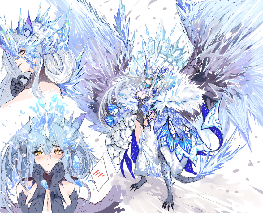 1girl absurdres black_leotard blue_hair blush breasts clawed_hands commentary dragon_girl dragon_tail dragon_wings grey_scales highleg highleg_leotard highres ice ice_horns ice_wings large_breasts leotard long_hair looking_at_viewer monster_girl monster_hunter:_world monster_hunter_(series) monster_hunter_world:_iceborne multiple_views personification scales showgirl_skirt slit_pupils spoken_blush standing tail umitsuki velkhana very_long_hair wings yellow_eyes