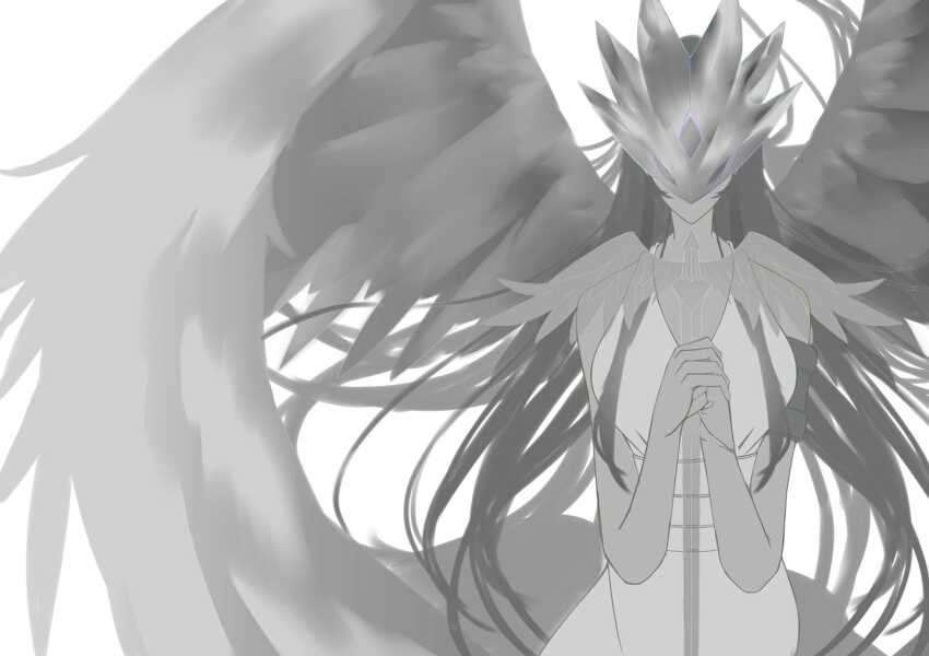 breasts digimon digimon_xros_wars goddess_(digimon_xros_wars) long_hair mask medium_breasts praying staff wings