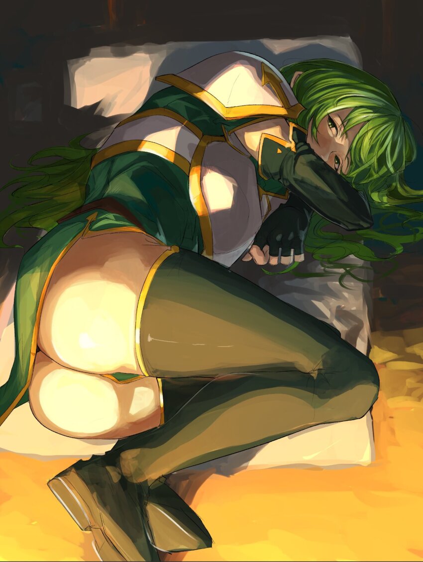 1girl armor ass black_boots boots breastplate erinys_(fire_emblem) fire_emblem fire_emblem:_genealogy_of_the_holy_war gold_trim green_eyes green_hair highres long_hair looking_at_viewer lying nintendo on_side pauldrons shoulder_armor solo sutekina_yari thigh_boots