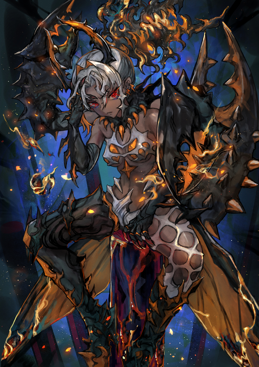 1girl absurdres asymmetrical_legs bare_shoulders black_horns black_tail bra breasts closed_mouth commentary_request dark-skinned_female dark_skin extra_arms fingernails full_body grey_bra hair_between_eyes hand_to_head highres horns kneehighs long_bangs long_tail looking_at_viewer medium_breasts midriff monster_girl navel orange_nails original pincers red_eyes red_pupils sabamiso_taro short_hair single_kneehigh single_sock sitting socks solo spiked_horns spiked_tail spikes tail underwear white_hair