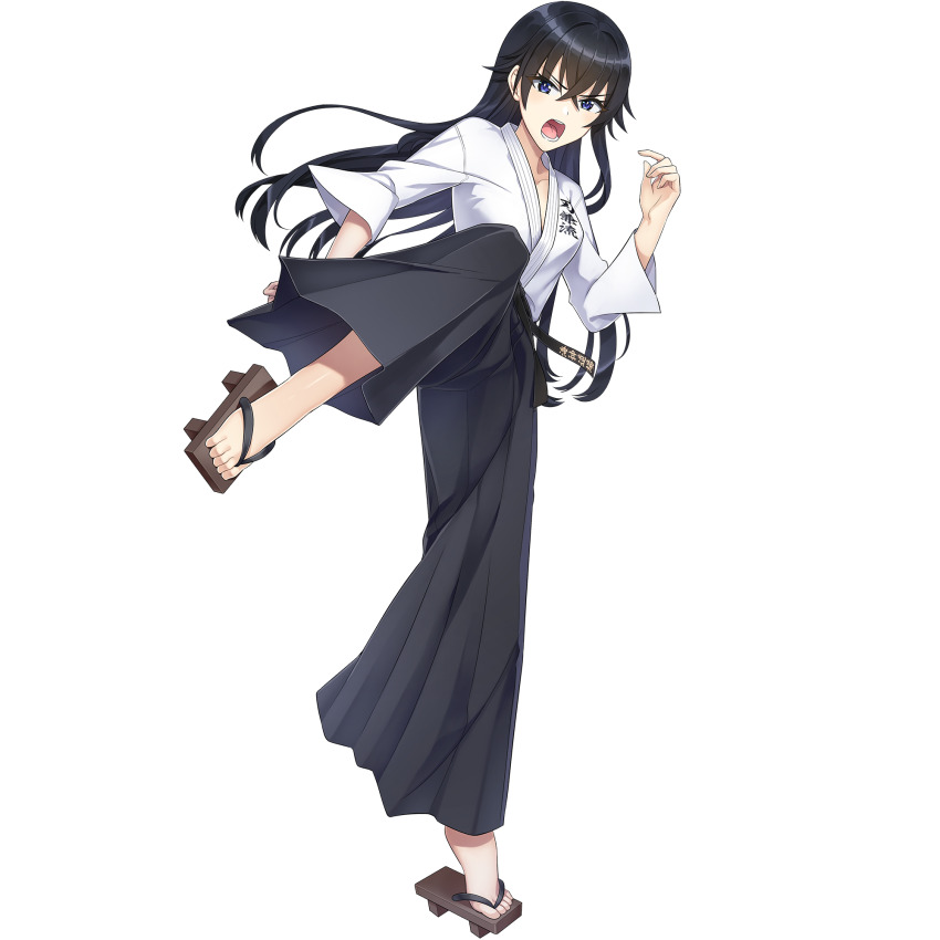 1girl :o black_hair black_hakama blue_eyes breasts crossed_bangs dolphin_wave dougi game_cg geta hagane_otsuki hakama high_kick highres japanese_clothes karate karate_gi kicking long_hair looking_at_viewer martial_arts martial_arts_belt non-web_source official_alternate_costume official_art ootomo_takuji open_mouth roundhouse_kick shouting small_breasts solo toes transparent_background