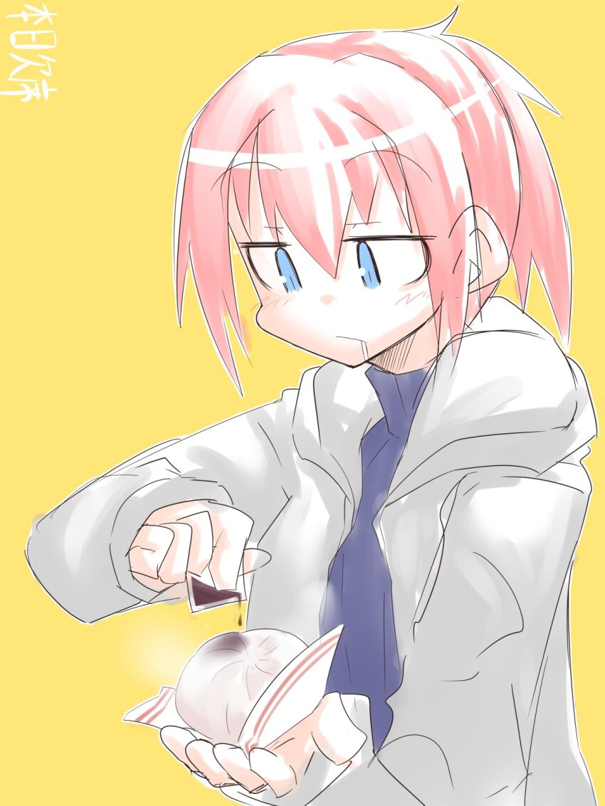 1girl blue_eyes blue_sweater commentary_request food grey_jacket grey_shorts highres honketsu jacket kantai_collection pink_hair ponytail shiranui_(autumn)_(kancolle) shiranui_(kancolle) short_hair shorts simple_background solo soy_sauce steamed_bun sweater translation_request upper_body yellow_background