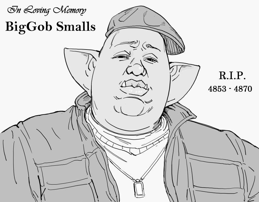 1boy absurdres bb_(baalbuddy) closed_mouth english_text fangs fangs_out goblin greyscale half-closed_eyes hat highres jacket jewelry lips looking_at_viewer monochrome open_clothes open_jacket original pendant real_life rest_in_peace_(phrase) solo sweater upper_body