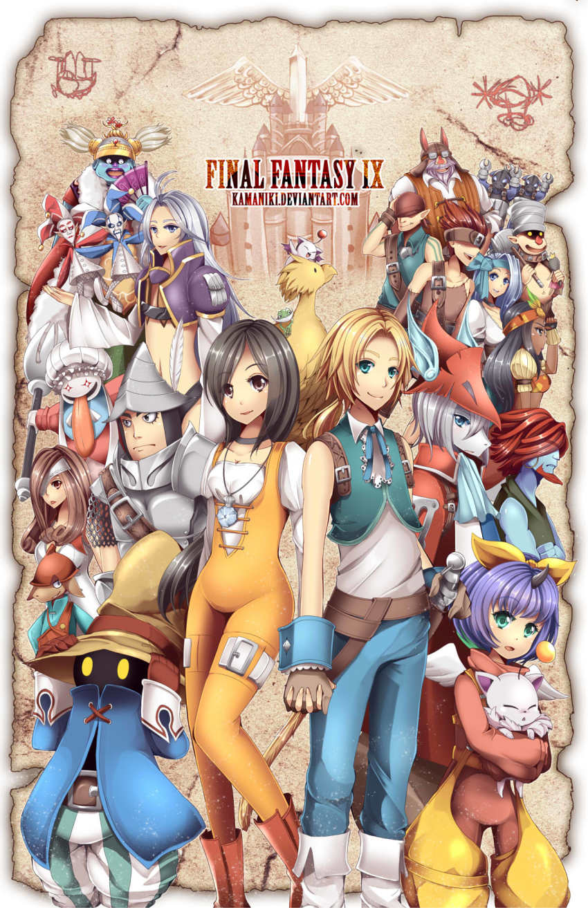 adelbert_steiner bad_id bad_pixiv_id baku_(ff9) beatrix belt blank_(ff9) brahne_raza_alexandros_xvi breasts cinna_(ff9) cleavage eiko_carol final_fantasy final_fantasy_ix freija_crescent garnet_til_alexandros_xvii highres jewelry kamaniki kuja lani_(ff9) long_hair marcus_(ff9) mog moogle multiple_boys multiple_girls necklace nero_brothers open_mouth quina_quen ruby_(ff9) salamander_coral short_hair smile tail thorn_(ff9) vivi_ornitier zidane_tribal zorn_(ff9)