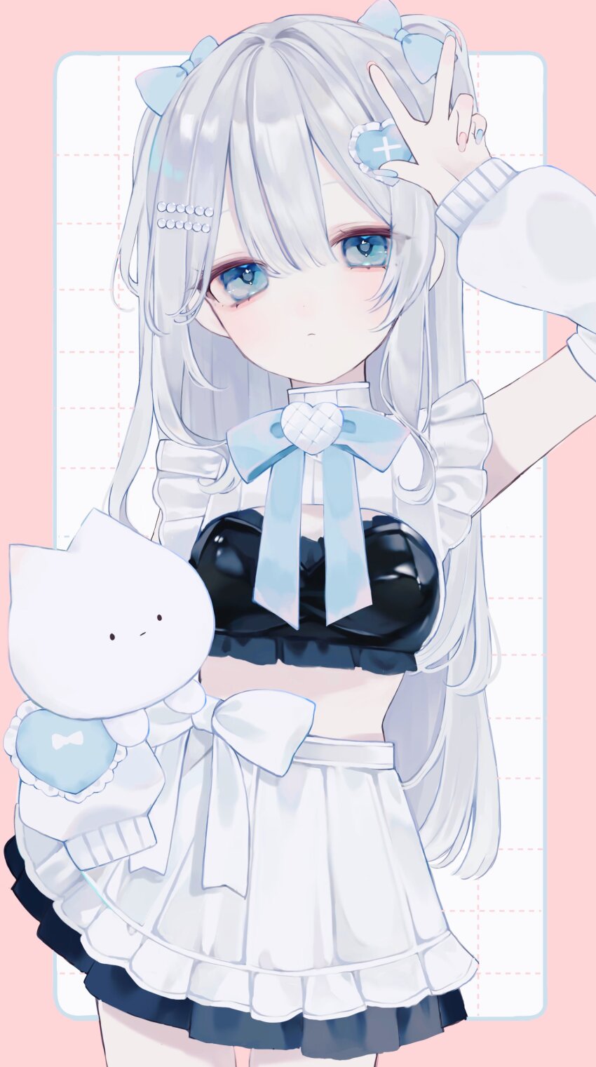 ... 1girl absurdres ao_marumaru0720 apron aqua_eyes aqua_ribbon arm_up beads bow breasts choker crop_top frills grey_hair hair_beads hair_between_eyes hair_bow hair_ornament hair_ribbon heart heart_choker heart_hair_ornament highres long_hair long_sleeves looking_at_viewer midriff original pink_background pleated_skirt puffy_sleeves ribbon skirt solo spoken_ellipsis stuffed_animal stuffed_cat stuffed_toy thighhighs v very_long_hair waist_apron white_skirt
