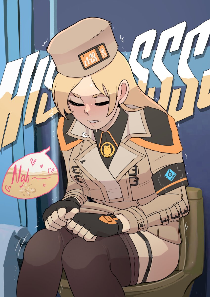 1girl absurdres arc_system_works armband beige_coat biku black_armband black_gloves black_panties black_shirt blonde_hair blush buckle closed_eyes clothes_pull coat collared_shirt female_focus fingerless_gloves fur_hat gloves guilty_gear guilty_gear_strive hat heart highres license_plate long_hair millia_rage open_clothes open_coat panties pantyhose pantyhose_pull parted_lips peeing shirt sitting solo sound_effects speech_bubble toilet toilet_paper toilet_use underwear urine_meter ushanka