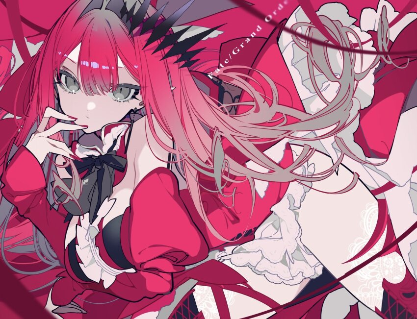 1girl baobhan_sith_(fate) baobhan_sith_(first_ascension)_(fate) bare_shoulders boots breasts center_frills cleavage detached_collar detached_sleeves dress earrings fate/grand_order fate_(series) frilled_dress frills grey_eyes hair_between_eyes highres jewelry large_breasts long_hair long_sleeves looking_at_viewer mochizuki_kei nail_polish pink_hair pointy_ears red_boots red_dress red_hair red_nails sidelocks solo thigh_boots thighhighs thighs tiara