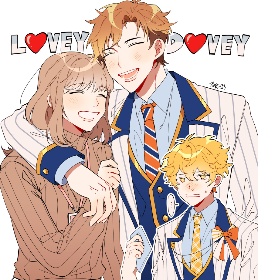 ... 1girl 2boys absurdres afterl!fe antenna_hair arm_around_shoulder blonde_hair blush bow brown_hair brown_sweater closed_eyes collared_shirt crying curtained_hair diagonal-striped_clothes diagonal-striped_necktie dripping_eye ell_(afterl!fe) english_text formal_clothes furrowed_brow gold_trim grin hair_between_eyes hand_up handkerchief heart height_difference hetero highres holding holding_handkerchief jealous lanyard lapel_pin licht_(afterl!fe) long_hair long_sleeves majunjuu manager_(afterl!fe) multiple_boys necktie orange_necktie outline parted_bangs shirt short_hair signature simple_background smile snot spoken_ellipsis striped_clothes suit sweatdrop sweater turtleneck turtleneck_sweater upper_body vest waistcoat wavy_hair white_background white_outline white_suit yellow_eyes yellow_necktie