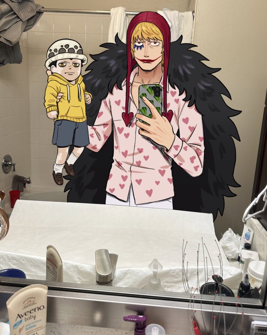 2boys aged_down baby cape carrying carrying_baby carrying_person coat commentary cowboy_shot disdain donquixote_rocinante empty_eyes english_commentary feather_coat fur_cape fur_coat glaring guys_holding_babies_(meme) heart heart_print highres holding holding_phone looking_at_viewer male_focus meme multiple_boys one_piece panther_print phone photo-referenced photo_background red_hood selfie short_hair smile spicemachine02 standing trafalgar_law