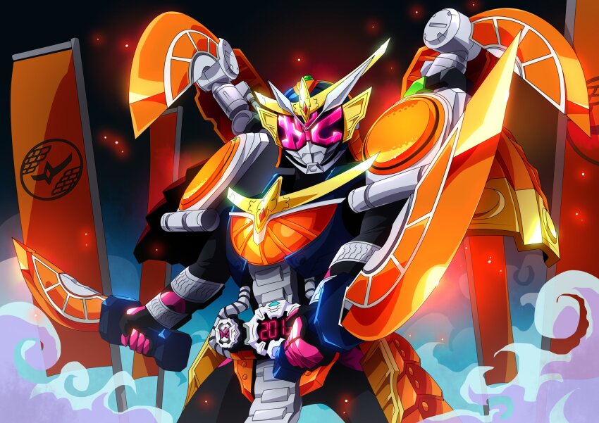 1boy 2013 armor daidai_maru dual_wielding flag food fruit gaim_armor gloves highres holding japanese_armor kamen_rider kamen_rider_gaim kamen_rider_gaim_(series) kamen_rider_zi-o kamen_rider_zi-o_(series) katakana lock_seed orange_(fruit) orange_armor otokamu pink_eyes pink_gloves samurai shoulder_armor ziku_driver
