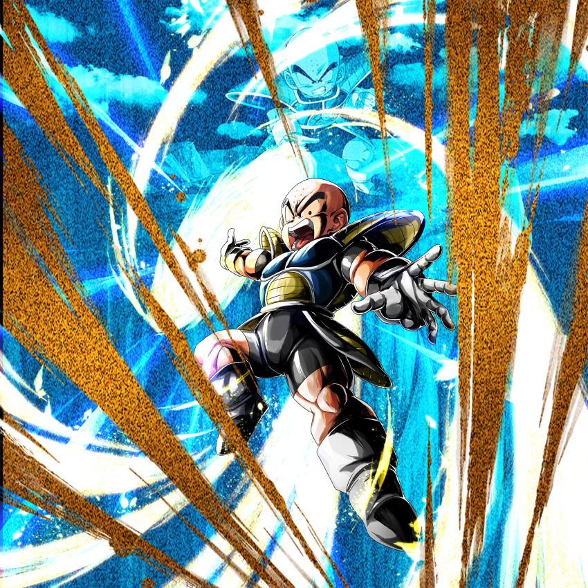 1boy bald bald_male black_eyes dragon_ball highres kienzan kuririn looking_at_viewer muscular muscular_male official_art saiyan_armor serious solo