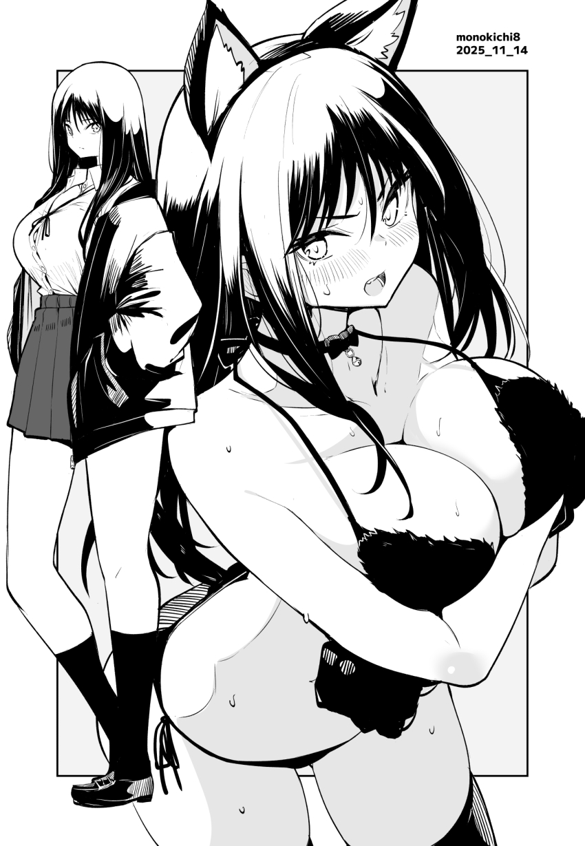 1girl animal_ears artist_name bikini blush breasts button_gap choker collarbone commentary_request dated fake_animal_ears grey_background greyscale hair_between_eyes highres kichihachi large_breasts loafers long_hair looking_at_viewer monochrome multiple_views open_mouth original pleated_skirt shirt shoes side-tie_bikini_bottom skirt standing sweat swimsuit thighhighs two-tone_background white_background