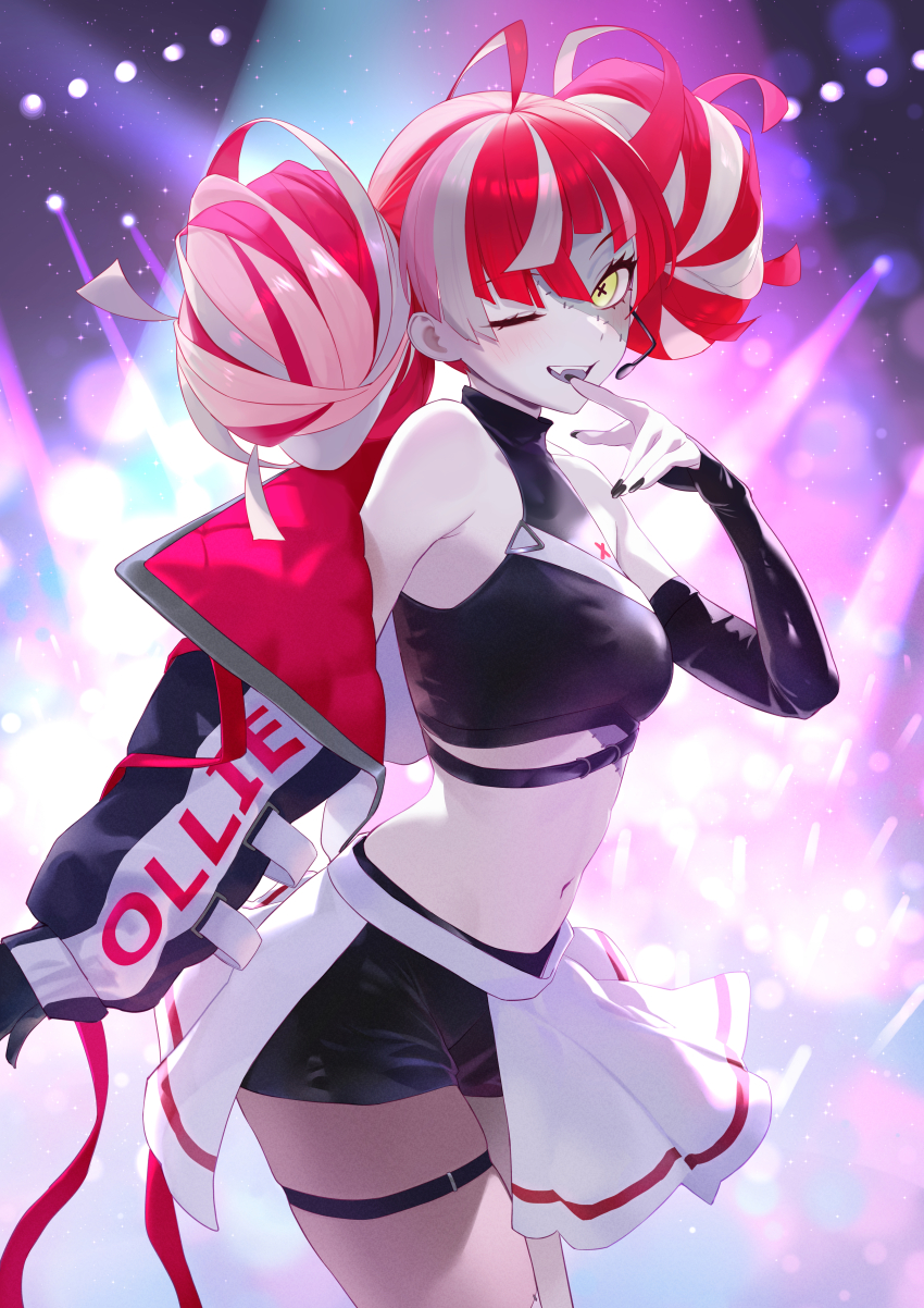 1girl ;d absurdres ahoge black_gloves black_jacket black_nails black_shirt black_shorts black_sleeves breasts character_name colored_skin colored_tongue commentary cropped_shirt detached_sleeves double_bun english_commentary gloves grey_hair grey_skin hair_bun halter_shirt halterneck hand_up headset highres hololive hololive_indonesia jacket jacket_partially_removed kureiji_ollie medium_breasts nail_polish navel official_alternate_costume one_eye_closed open_mouth patchwork_skin pink_hair purple_tongue quilted_jacket red_hair red_jacket serelith shirt short_shorts shorts single_detached_sleeve single_glove smile solo stitched_face stitched_torso stitches stomach symbol-shaped_pupils teeth thigh_strap two-sided_fabric two-sided_jacket upper_teeth_only virtual_youtuber x-shaped_pupils yellow_eyes zombie