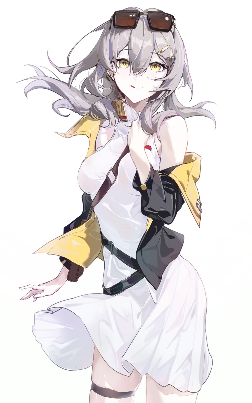 1girl :q absurdres bare_shoulders black-framed_eyewear black_jacket breasts chinese_commentary collar commentary_request cowboy_shot dress ear_piercing eyewear_on_head grey_hair hair_between_eyes hair_ornament hairclip highres holding holding_collar honkai:_star_rail honkai_(series) jacket large_breasts long_hair looking_at_viewer official_alternate_costume open_clothes open_jacket piercing red-tinted_eyewear refa sidelocks simple_background solo standing stelle_(honkai:_star_rail) sunglasses thigh_strap tinted_eyewear tongue tongue_out trailblazer_(honkai:_star_rail) white_background white_dress yellow_eyes